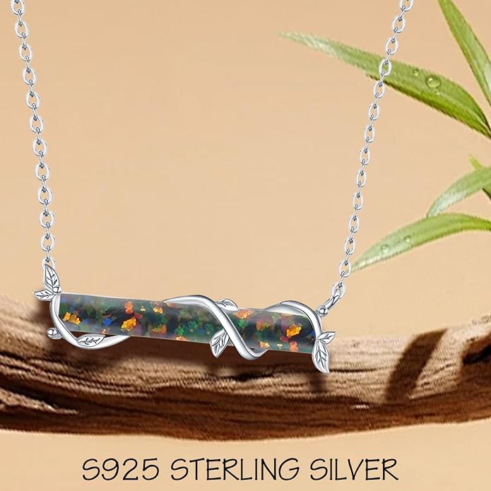 Bar Opal Leaf Necklace For Women S925 Sterling Silver White Opal Pendant with Leaf Charm Bar Pendant Jewelry Gift For Mom Daughter Wife
