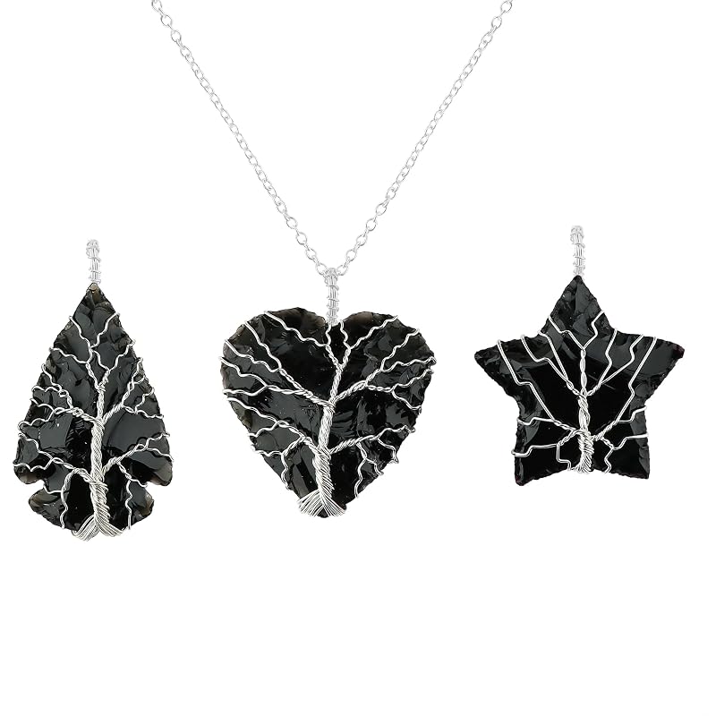 Tree of Life Craft - Raw Black Obsidian Rough Crystals Pendant Necklace, Wire Wrapping, Gift Giving Women Jewelry with Dainty Silver Plated Chain 18 inch (3pcs)