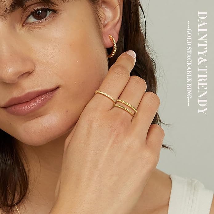 RLMOON 8-12PCS 14K Gold Ring Set for Women Non Tarnish Dainty Silver Rose Gold Thumb Stackable Stacking Rings Heart CZ Pinky Rings Plain Band Size 4-12