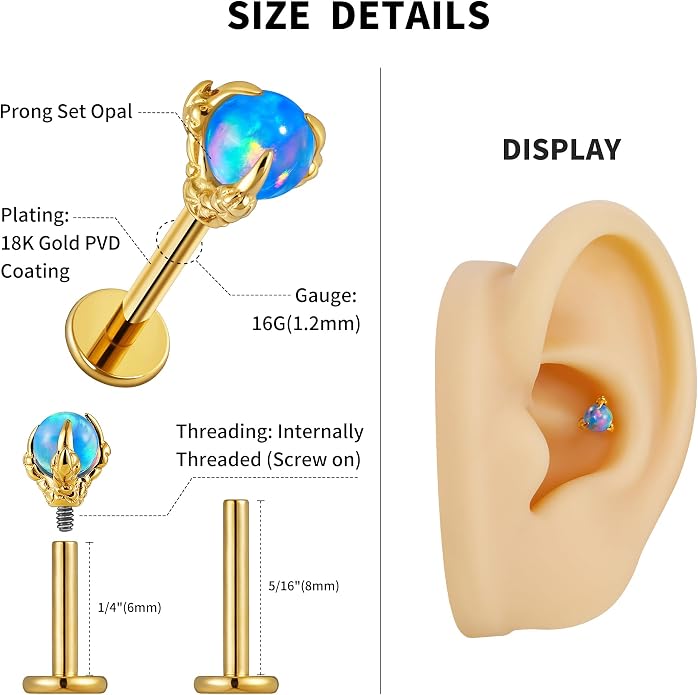 FINE4U 16G ASTM F136 Titanium Dragon Claw Piercing Jewelry Stud with 6mm 8mm post for Conch Helix Tragus Flat, Hypoallergenic Internally Threaded