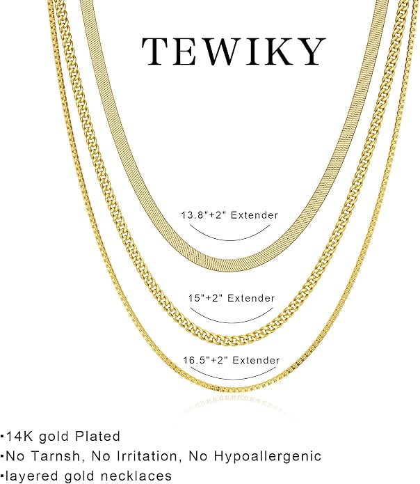 Tewiky Layered Necklaces for Women Non Tarnish- Chunky 14k Gold Plated Herringbone/Snake/Rope/Box/Cuban Link Chain for Women Waterproof Layering Stack Choker Necklace Trendy Dainty Tarnish Free Jewelry Set