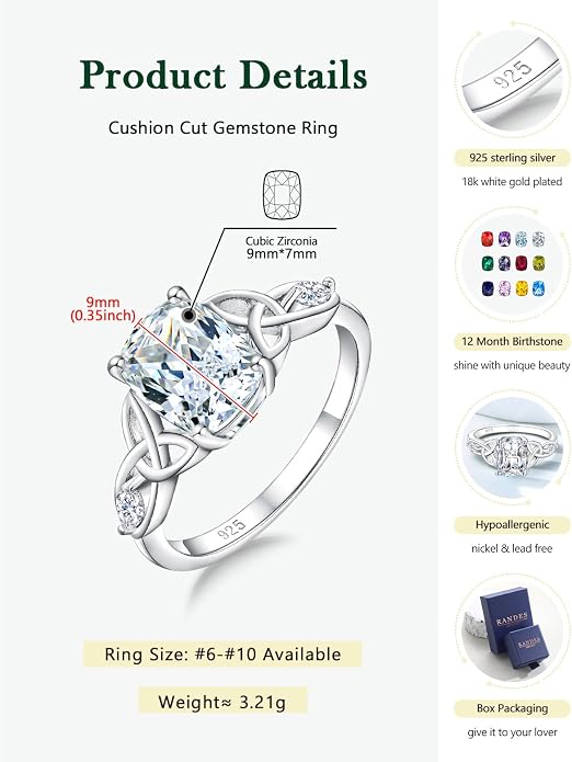 925 Sterling Silver Birthstone Rings for Women Cushion Cut Engagement Celtic Knot Ring Irish Jewelry Created Gemstone Anniversary Rings Size 6-10(with Box)