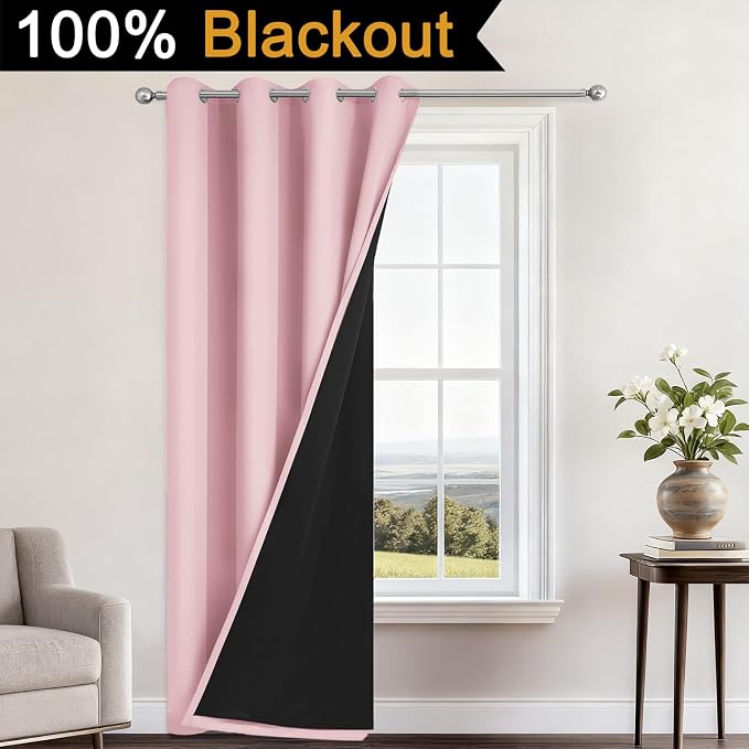 Yakamok Pink Blackout Curtains 84 Inches Long for Bedroom 52" Wide 1 Panel | Blackout Curtain Panels for Bedroom, 2 Thick Layers Grommet Top Thermal Insulated Drapes with Black Liner for Living Room