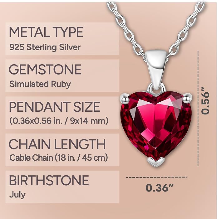 ADITA GOLD Bithstone Heart Necklace for Women with 925 Sterling Silver Chain, Simulated Birthstone Pendant, Jewelry