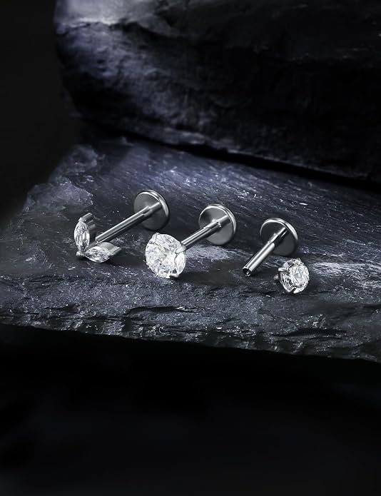 20G 18G 16G Astm F136 Titanium Internal Thread Flat Back Earrings Nose Studs Tragus Forward Helix Conch Cartilage Lobe Earring Stud Medusa Labret Monroe Lip Ring Piercing Jewelry For Women Men