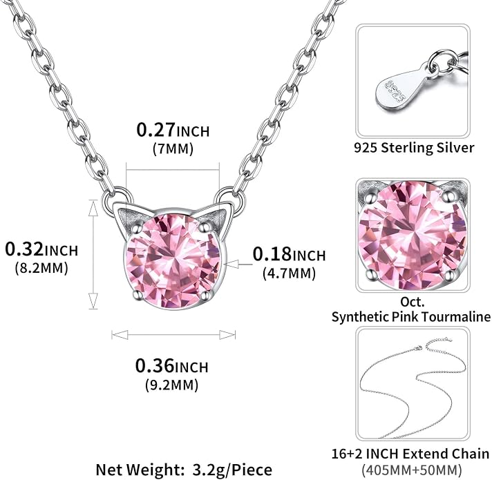 ChicSilver Bow and Cat Birthstone Necklace, 925 Sterling Silver Pendant Necklaces for Women, Hypoallergenic Silver Choker with 16 inch Rolo Chain, 12 Months Jewelry for Valentines Mothers Day Christmas