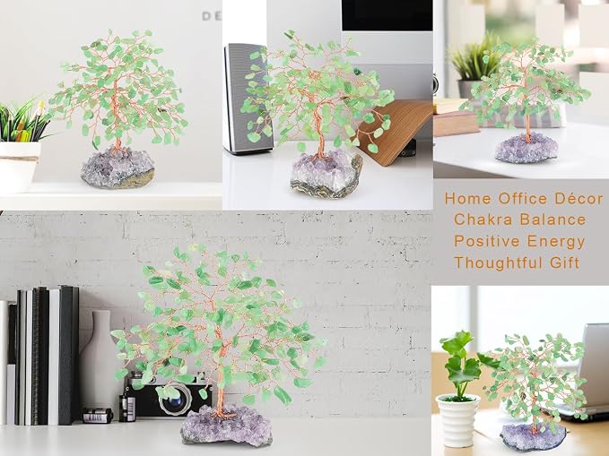 Gemstone Crystal Tree of Life,Natural Green Aventurine with Amethyst Cluster Base,Feng Shui Gift Bonsai Money Tree,Home Decor for Luck and Wealth 5.5"-6.3"