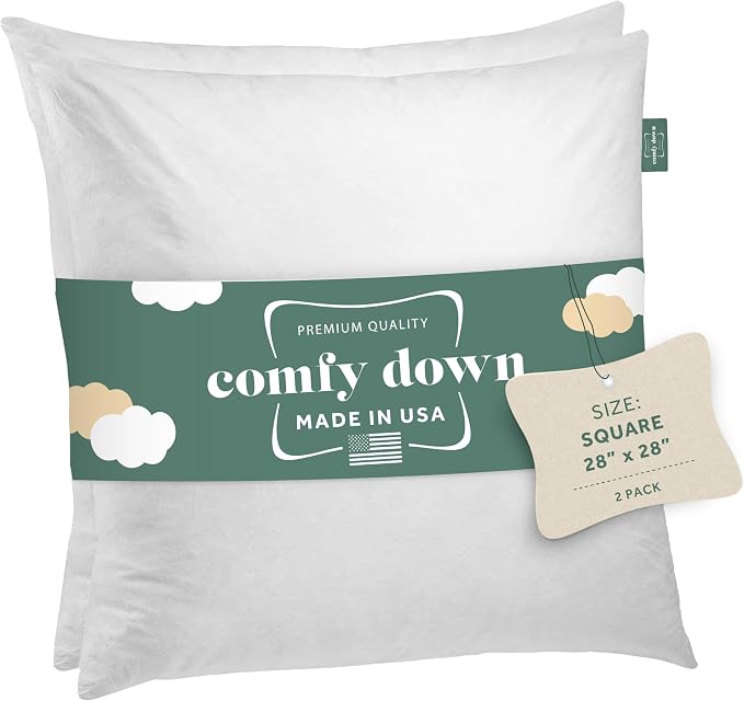 ComfyDown 28x28 Throw Pillow Insert, Down & Feather Fill, 100% Cotton Cover, Made in USA – Premium Soft Decorative Pillow Form Sham Stuffer for Bed, Sofa & Couch