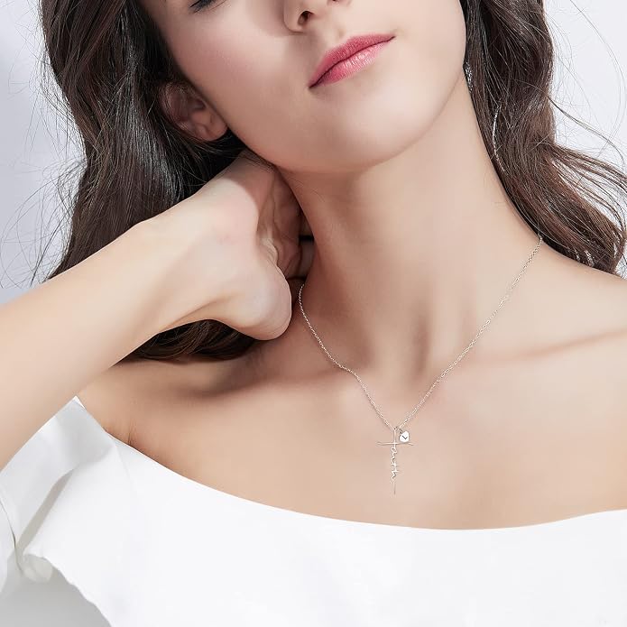 PRAYMOS Faith Cross Necklace for Women 925 Sterling Silver Pendant Necklace With Birthstone Initial Christian Religious Confirmation Baptism Mothers Day Gifts