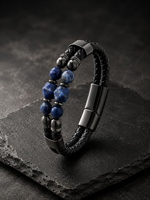Black Braided Leather Bracelet for Men with Turquoise, Lapis Lazuli, Tiger Eye, Obsidian Stone Double-Row Wristband Beads with Stainless Steel Clasp Fashion Jewelry Gift for Him