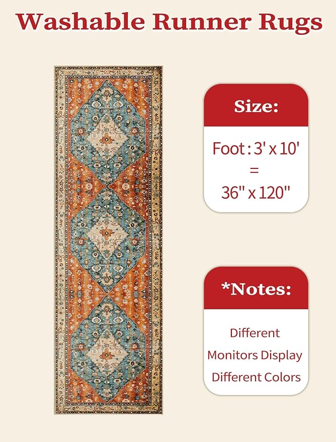 SERISSA Runner Rug for Hallways, 3x10 Washable Non Slip Kitchen Runner Rug, Long Boho Rug Vintage Tribal Hallway Stair Ultra Soft Print Floor Carpet for Bedroom Bathroom Laundry Room
