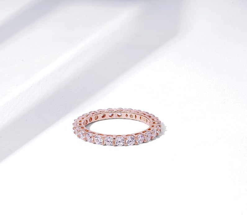 Amazon Essentials Platinum or Gold Plated Sterling Silver All-Around Band Ring set with Round Infinite Elements Cubic Zirconia