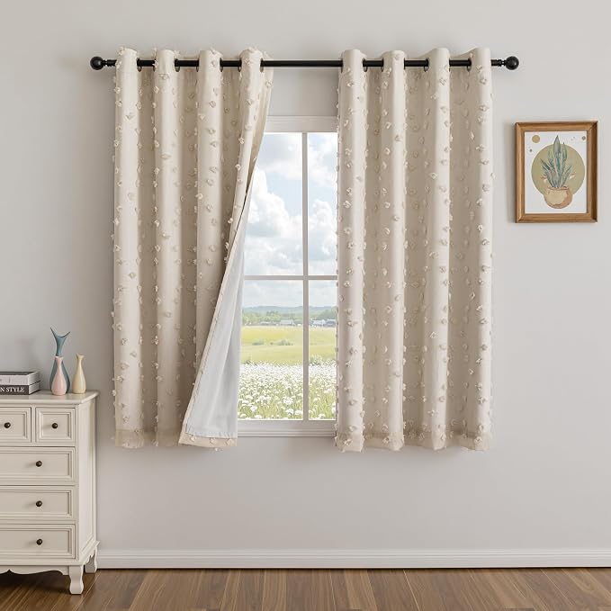 MYSKY HOME Beige Pom Pom Blackout Curtains for Girls Bedroom 63 Inch Long 100% Room Darkening Curtain for Kids Room 2 Panels Small Window Treatment Grommet 2 Layered Drapes Toddler 52W x 63L