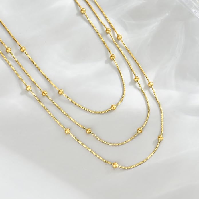 18K Gold Plated Layered Herringbone Necklaces for Women Dainty Layering Beaded Snake Chain Choker Moon Coin Pendant Necklace Trendy Stainless Steel Jewelry