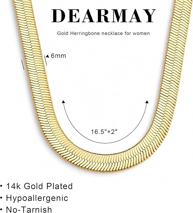 DEARMAY 14K Gold Plated Herringbone Necklaces for Women, Dainty Gold Snake Choker Chain Non Tarnish Trendy Simple Thin & Chunky Options Neckalce 1.5/3/5/6/8mm Chain Jewelry for Gifts