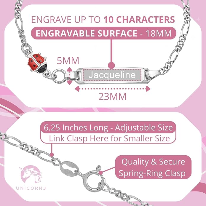UNICORNJ 925 Italy Sterling Silver Child or Baby Name Bracelet Girls Boys, Personalized Engraved Kids ID Bracelets, 6.5" Figaro Chain, Enamel Charm Newborn Infant Toddler Kid Jewelry