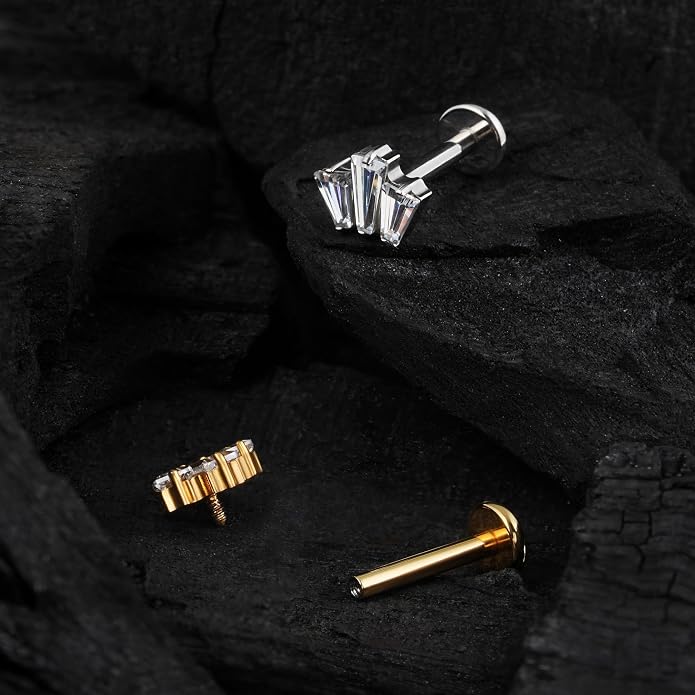 FINE4U 1PC 16G Gold Cartilage Earring 6mm 8mm - ASTM F136 Titanium Piercing Jewelry for Tragus, Helix Conch, Internally Threaded