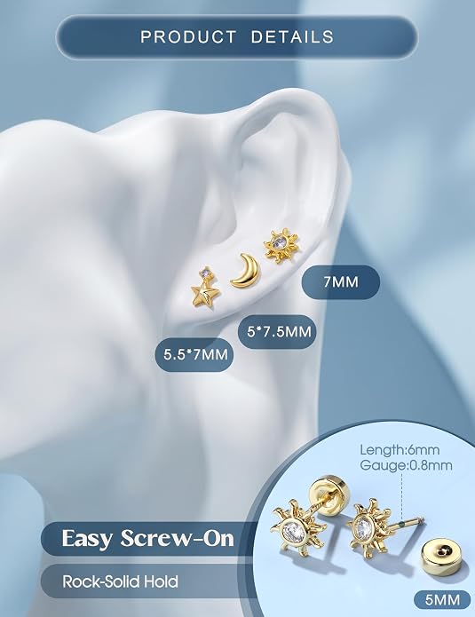 ORAZIO 925 Sterling Silver Flat Back Stud Earrings for Women Hypoallergenic 14K Gold Plated Cartilage Earrings for Sensitive Ears Small CZ Opal Conch Helix Tragus Piercing Jewelry 3 Pairs 20G