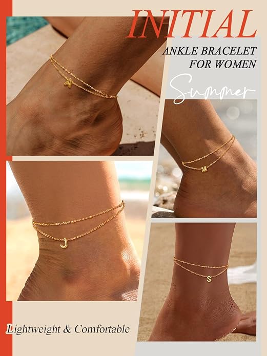 FaithHeart Initial Ankle Bracelets for Women, Waterproof 14k Gold Plated Initial Anklets Non Tarnish Stainless Steel Cute Layered Anklet Summer Beach Jewelry