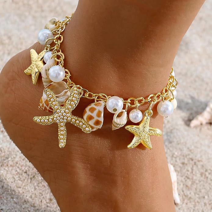 Qceasiy Shell Ankle Bracelet Set for Women, Gold Plated Boho Bead Adjustable Anklet, Hawaiian Beach Seashell Pearl Heart Starfish Conch Foot Jewelry Gifts