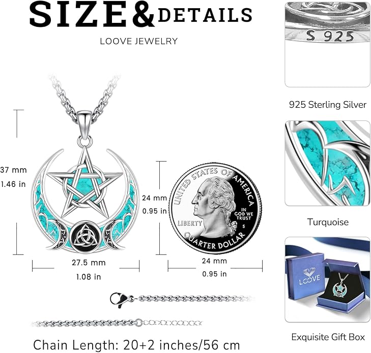 Pentagram Necklace Sterling Silver Triple Moon Goddess/Celtic Knot Witches Knot/Ankh/Sun and Moon/Hecate/Lilith/Santa Muerte/Tetragrammaton Pendant Necklace Pagan Wiccan Magic Egyptian Amulet Jewelry for Women Men