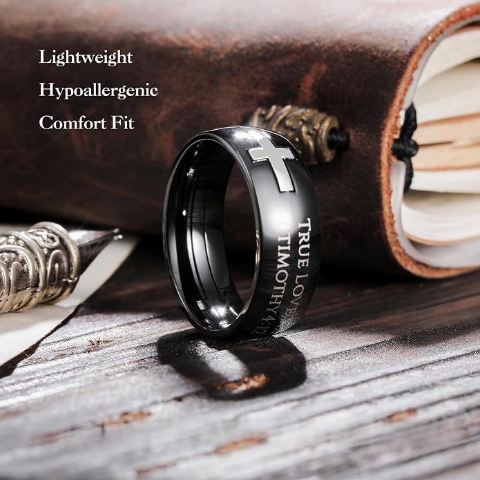 King Will Stainless Steel Men Ring Lord's Prayer Cross Ring Stainless Steel Men Wedding Ring, Wedding Band Bible Engraved Rings High Polished, Comfort Fit