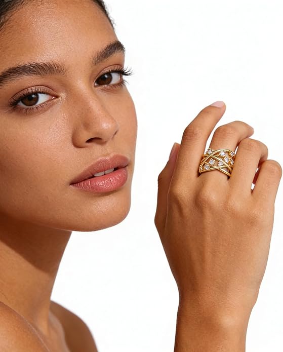 18K Gold Plated Rings for Women and Teen Girls Non Tarnish Cubic Zirconia Fidget Ring Butterfly/Snake/Mesh/Cross/Crown Knuckle Ring Open Adjustable Statement Stacking Chunky Rings