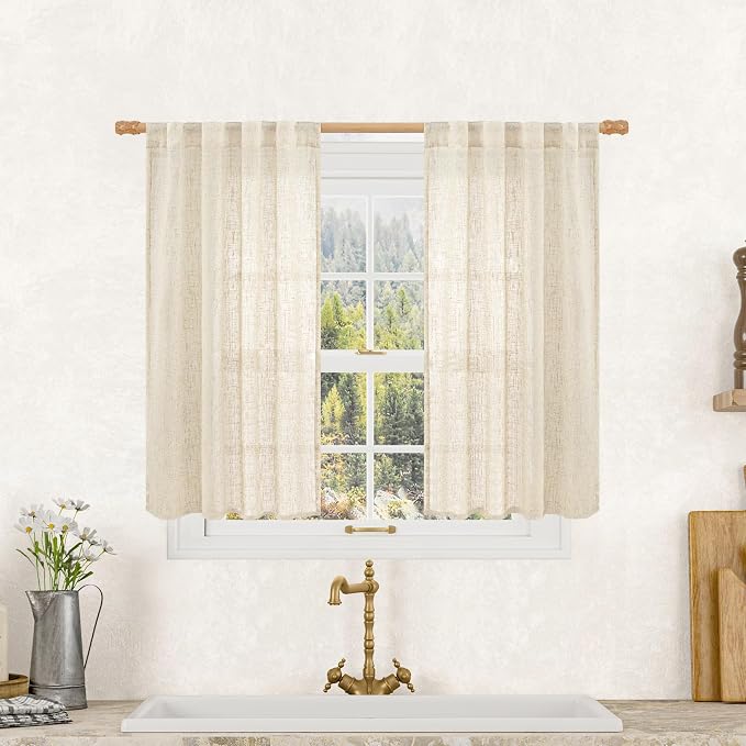 LAMIT Semi Sheer Linen Curtains 40 Inch Length for Cafe, Light Filtering Panels Back Tab and Rod Pocket Neutral Drapes for Bathroom/Kitchen, 25 x 40 Inch, Beige, 2 Panels