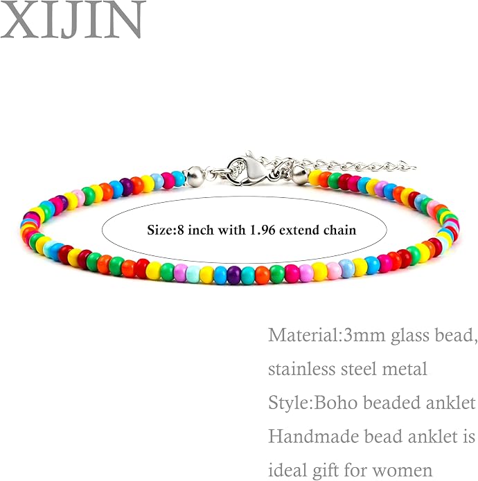 XIJIN 8Pcs Handmade Beaded Anklets for Women Boho Colorful Beads Ankle Bracelets Adjustable Foot Anklet Set