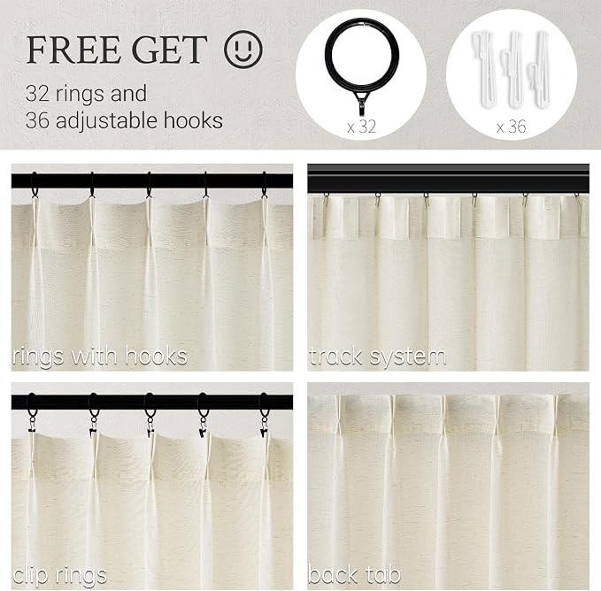 Topfinel 102 Inch Curtains 2 Panels Set,Two Packs Pinch Pleat Back Tab Linen Window Semi Sheer Privacy Thick Decorative Curtain Drapes for Living Room Bedroom,72x102 in Long,Ivory/Off White