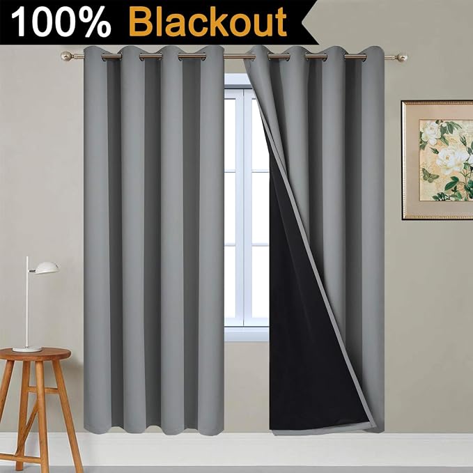 Yakamok Grey Blackout Curtains 72 Inches Long for Bedroom 52" Wide 2 Pcs | Blackout Curtain Panels for Bedroom, 2 Thick Layers Grommet Top Thermal Insulated Drapes with Black Liner for Living Room