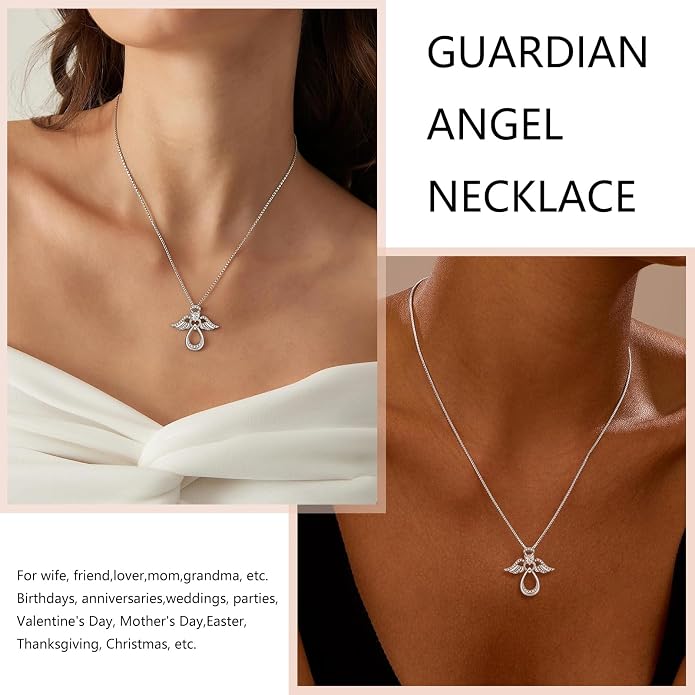 925 Sterling Silver Guardian Angel Pendant Necklace for Women with Birthstone Cubic Zirconia Little Angel Pendant Necklace Jewelry 18 inch Chain