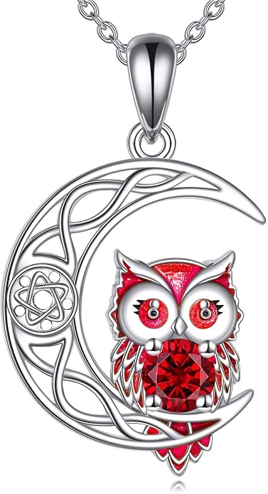 Owl Birthstone Necklace Sterling Silver Celtic Moon Pendant Cubic Zirconia Owls Jewelry Birthday Gifts for Women Men