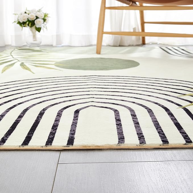 RoomTalks Mid Century Modern Washable Rug, Boho Cute Aesthetic 6x9 Area Rugs for Bedroom Dining Living Room Kitchen Office, Green Abstract Tropical Leaves Non Slip Thin Indoor Botanical Carpet