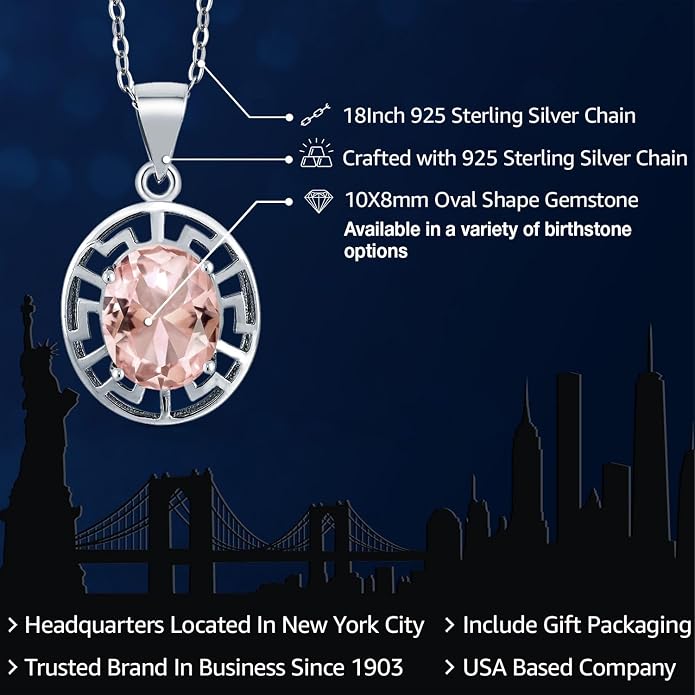 Gem Stone King 925 Sterling Silver 10X8MM Oval Gemstone Birthstone Necklace | Greek Key Pendant Necklace for Women | With 18 Inch Silver Chain