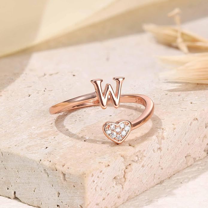 MILACOLATO 925 Sterling Silver Initial Rings for Women Teen Girl 18K Gold Plated Heart Initial Rings Adjustable Capital Letter Ring Stackable Thumb Pinky Rings for Daughter Birthday Bridesmaid Gifts Jewelry, A to Z