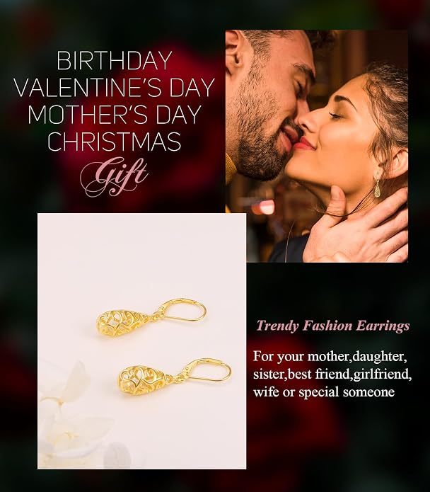Sterling Silver Leverback Dangle Earrings for Women Teardrop Filigree 14K Gold Plated Dangly Earrings Mother’s Day Gift