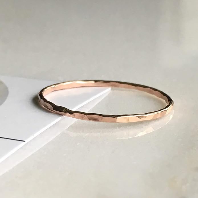 Ellie J Maui Hammered Ring, 1mm Thin Stacking Rings, Minimalist Rings for Women, 14K Gold Filled Rings for Teen Girls Midi Knuckle Pinky Finger Jewerly (Size 3-11)