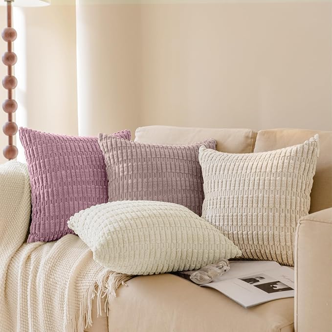 Softalker Throw Pillow Covers 16x16 Inch, Set of 4, Corduroy Soft Striped Farmhouse Boho Pillow Cover, Modern Decorative Cushion Pillow Case for Couch Sofa Bedroom Living Room, Light Pink