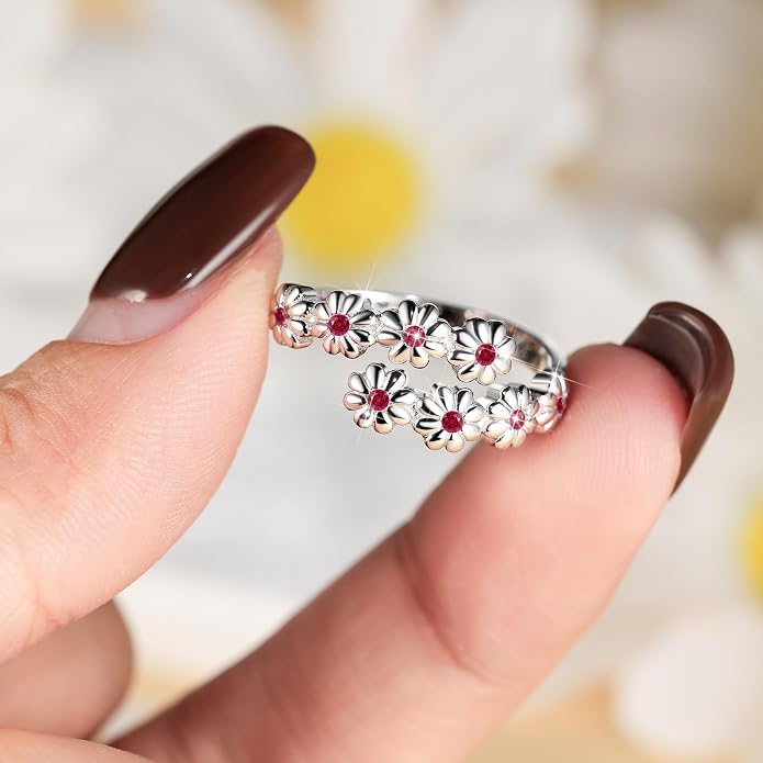 Dainty Daisy Ring for Women, S925 Sterling Silver Cubic Zirconia Sunflower Flower Ring For Daughter, I Think Of You Every Daisy Ring, Birthstone Flower Ring