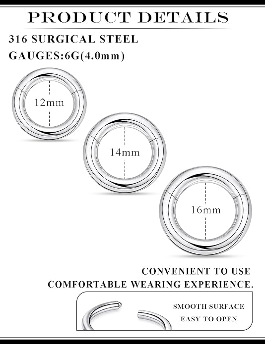 20G 18G 16G 14G 12G 10G 8G 6G 4G 2G Nose Rings Hoops 316l Surgical Steel Clicker Septum Lip Ring Tragus Helix Daith Rook Conch Snug Cartilage Lobe Earrings Hoop Piercing Jewelry For Women Men