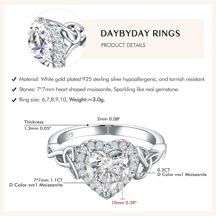 DAYBYDAY Celtic Birthstone Rings for Women 925 Sterling Silver Heart/Round/Pear/Oval Created Gemstone Moissanite Halo Engagement Promise Rings for Her Wife Birthday Anniversary Wedding Jewelry
