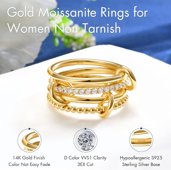 Kstyle Interlocked Stackable Rings for Women，14K Gold Plated 925 Sterling Silver，Moissanite Spinelli Rings for Women，Connected Bands Stacking Jewelry