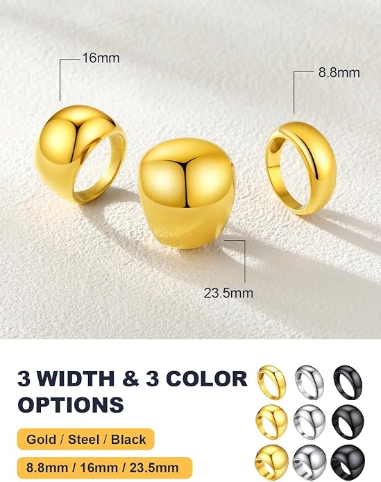 U7 Chunky Gold Dome Rings for Women, Stainless Steel/18KGold Plated/Black Statement Ring Non Tarnish Women Rings, Size 7-12