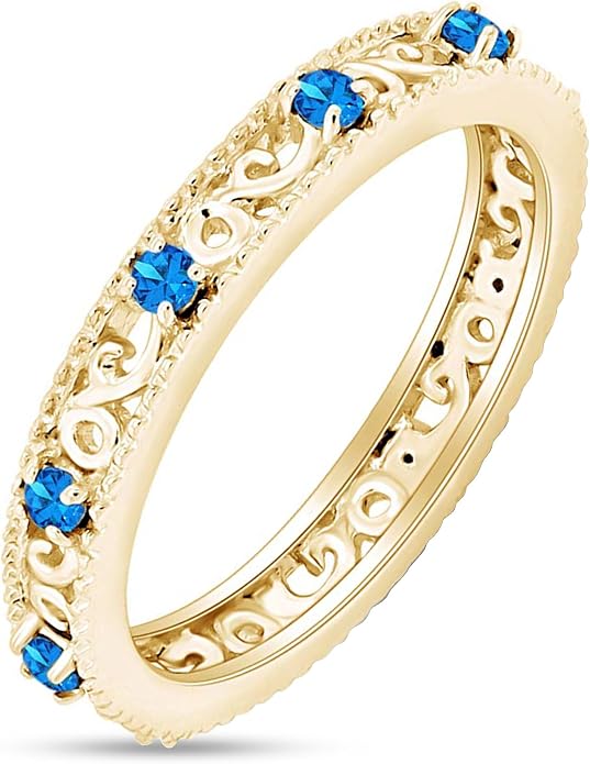 Jewel Zone US Filigree Eternity Wedding Band Ring for Women, Round Cut Simulated Gemstone Stackable Promise Ring in 14K Gold Plated 925 Sterling Silver Band Width 3.5mm – Elegant Jewelry for Her