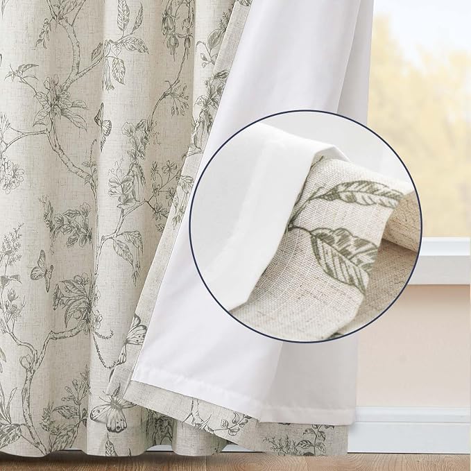jinchan Grey Floral Linen Curtains Lined 84 Inch Vintage Back Tab 2 Panels | Privacy lining, light filtering drapes, cottagecore, french country, farmhouse, bedroom, living room, window treatment