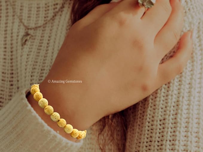 Amazing Gemstone Cream Lava Bracelet, Gifts for Men & Women - Protection Healing Crystal Bracelet - 8mm Gemstone Beaded Adjustable Bracelet, Pulseras para Hombres Mujer Stocking Stuffers
