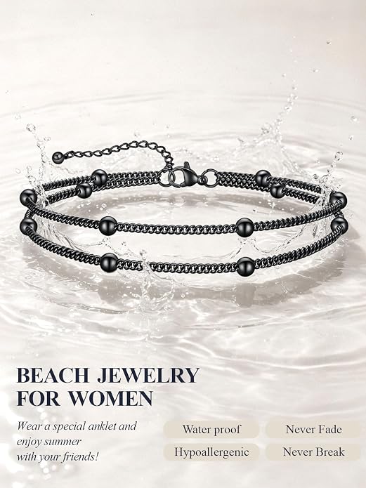 U7 Silver/Gold Ankle Bracelets for Women Layered Chain Anklets Stainless Steel Waterproof Summer Beach Anklet Cham, Adjustable 8.5"-10.5"