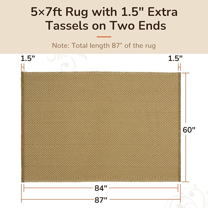 5x7 Washable Boho Area Rug with Tassels for Living Room Yellow Beige | Vacuum Friendly, Machine Washable, Non-Slip Rug, Modern Farmhouse Neutral Decor Carpet, Bedroom Dining Room Office Kitchen