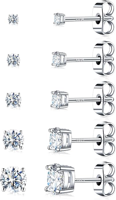 5 Pairs Moissanite Sterling Silver Stud Earrings Set for Women, Hypoallergenic, 2mm, 3mm, 4mm, 5mm